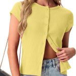 قمصان نسائية بأكمام قصيرة كاجوال صيفية مضلعة محبوكة بأزرار علوية