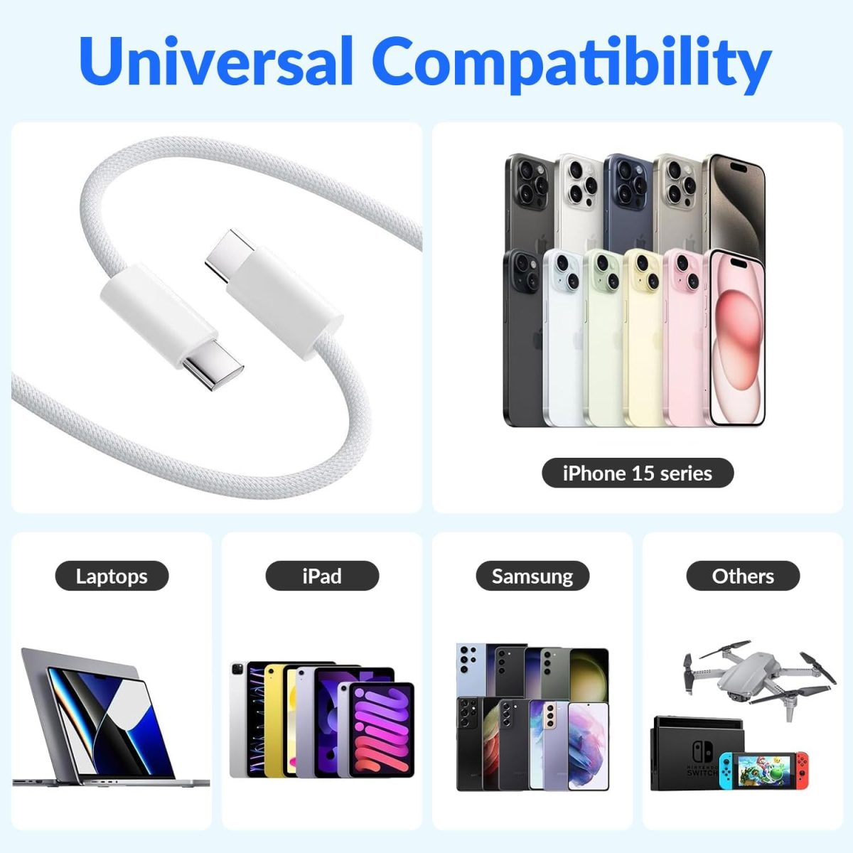 ⁦ون تو فور كيبل USB C الى USB C مضفر 60 واط، سلك شحن اسرع لتوصيل الطاقة، متوافق مع ايفون 15/15 برو/15 بلس/15 برو ماكس، ايباد ميني/برو، ماك بوك برو/اير، ابيض⁩ - الصورة ⁦5⁩