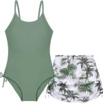 بدلة سباحة للبنات من ميانوبي من قطعة واحدة بدون اكمام مع تنورة بطبعة استوائية، ملابس سباحة للبنات بعمر 9-16 سنة