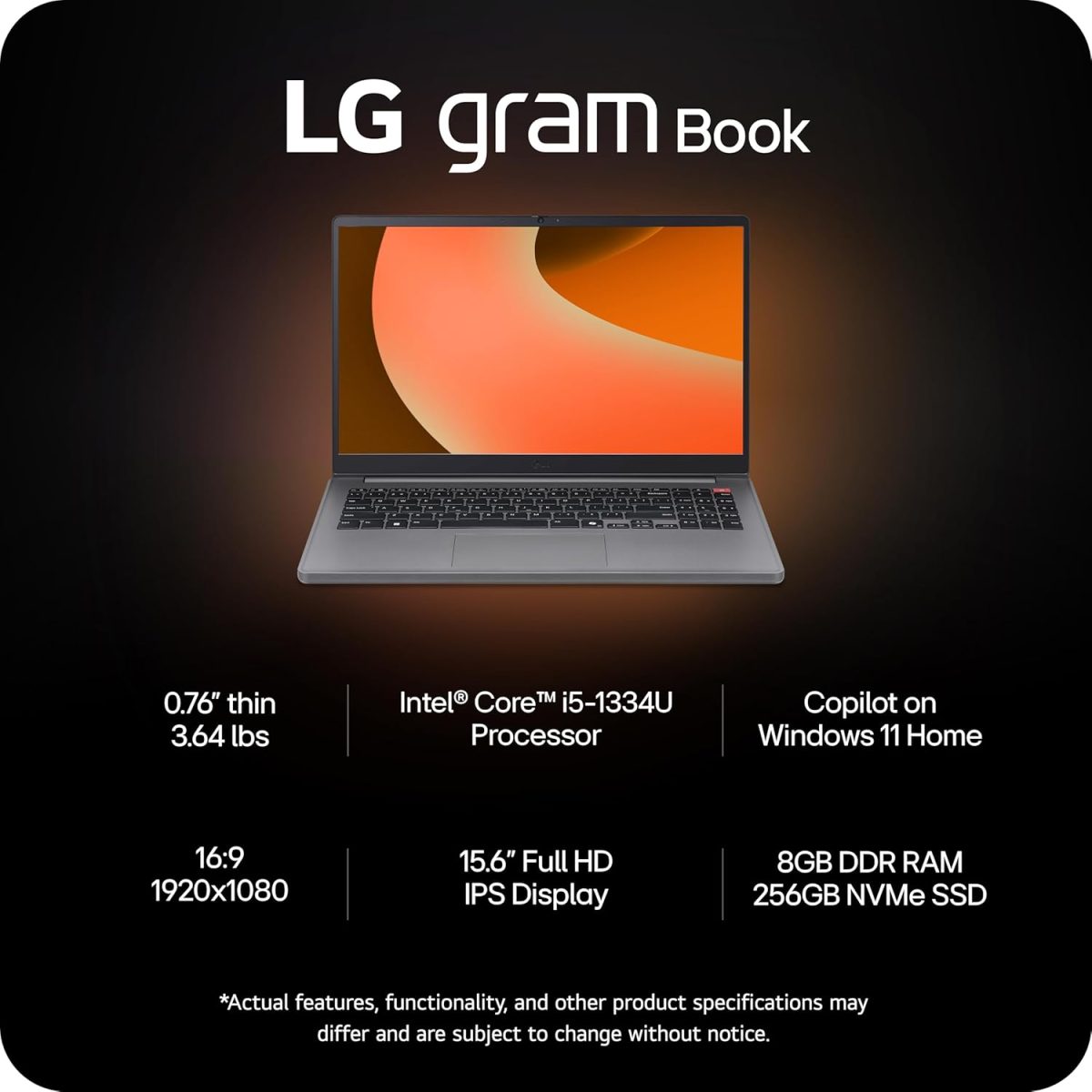 ⁦LG لابتوب جرام بوك خفيف الوزن 15 انش، معالج انتل كور i5-1334U، ويندوز 11 هوم، ذاكرة رام 8 جيجا، 256 جيجا اس اس دي - فضي تيتان⁩ - الصورة ⁦2⁩