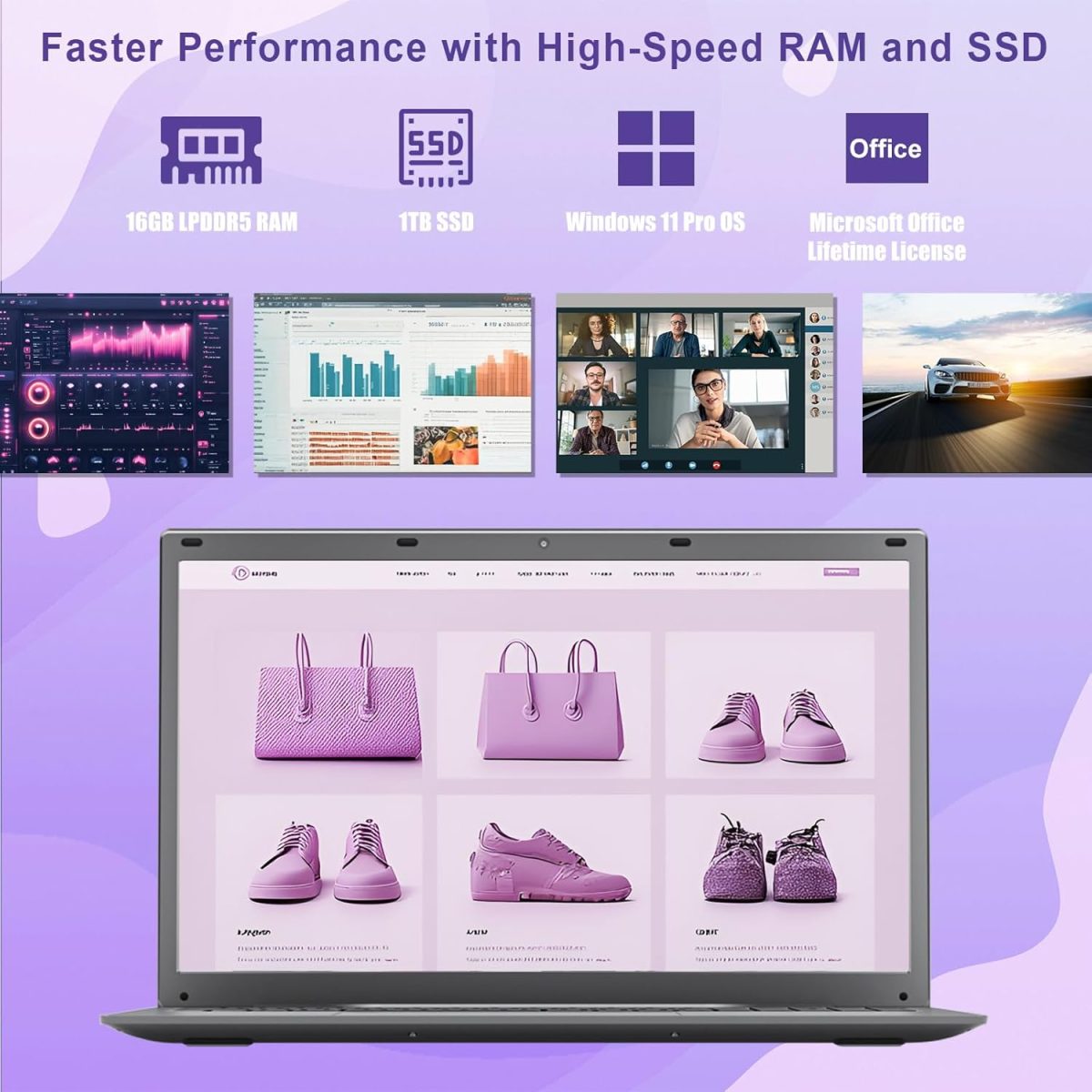 ⁦لابتوب 2025 17 17.3 انش HD+ للطلاب والاعمال، 16GB DDR5 RAM، 1TB SSD، انتل رباعي النواة N100 (يتفوق على i3-1115G4، حتى 3.4GHz)، كيبورد باضاءة خلفية، بصمة اصبع، نوع C، مايكروسوفت اوفيس، ويندوز 11 برو⁩ - الصورة ⁦4⁩