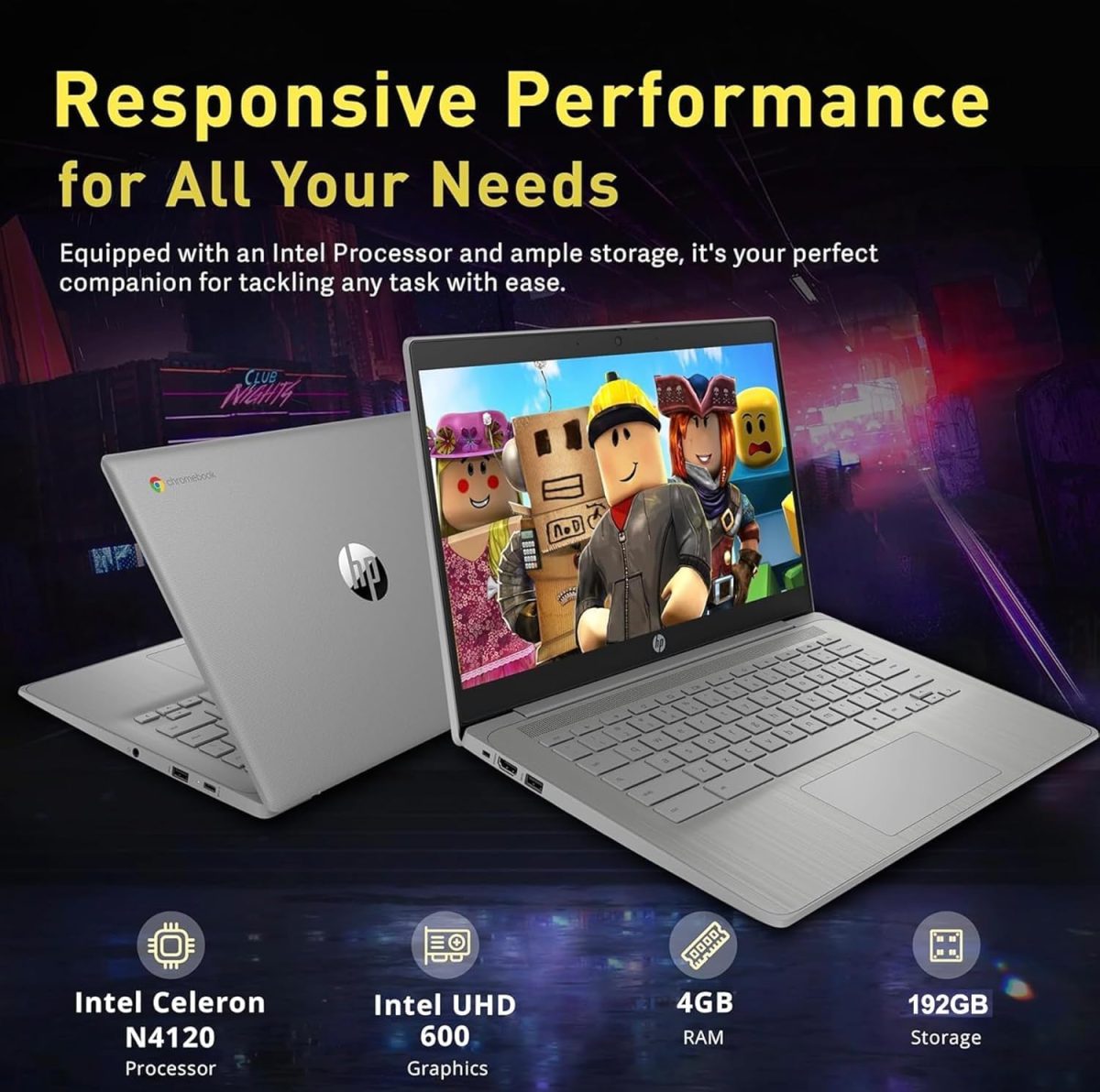 ⁦HP لابتوب كروم بوك 14 انش HD فلاجشيب للطلاب والاعمال، معالج سيليرون رباعي النواة N4120، ذاكرة RAM 4GB، تخزين 192GB (64GB eMMC + بطاقة 128GB)، كاميرا ويب، واي فاي، بطارية طويلة، كروم OS+ ملحق هابكسيل⁩ - الصورة ⁦4⁩