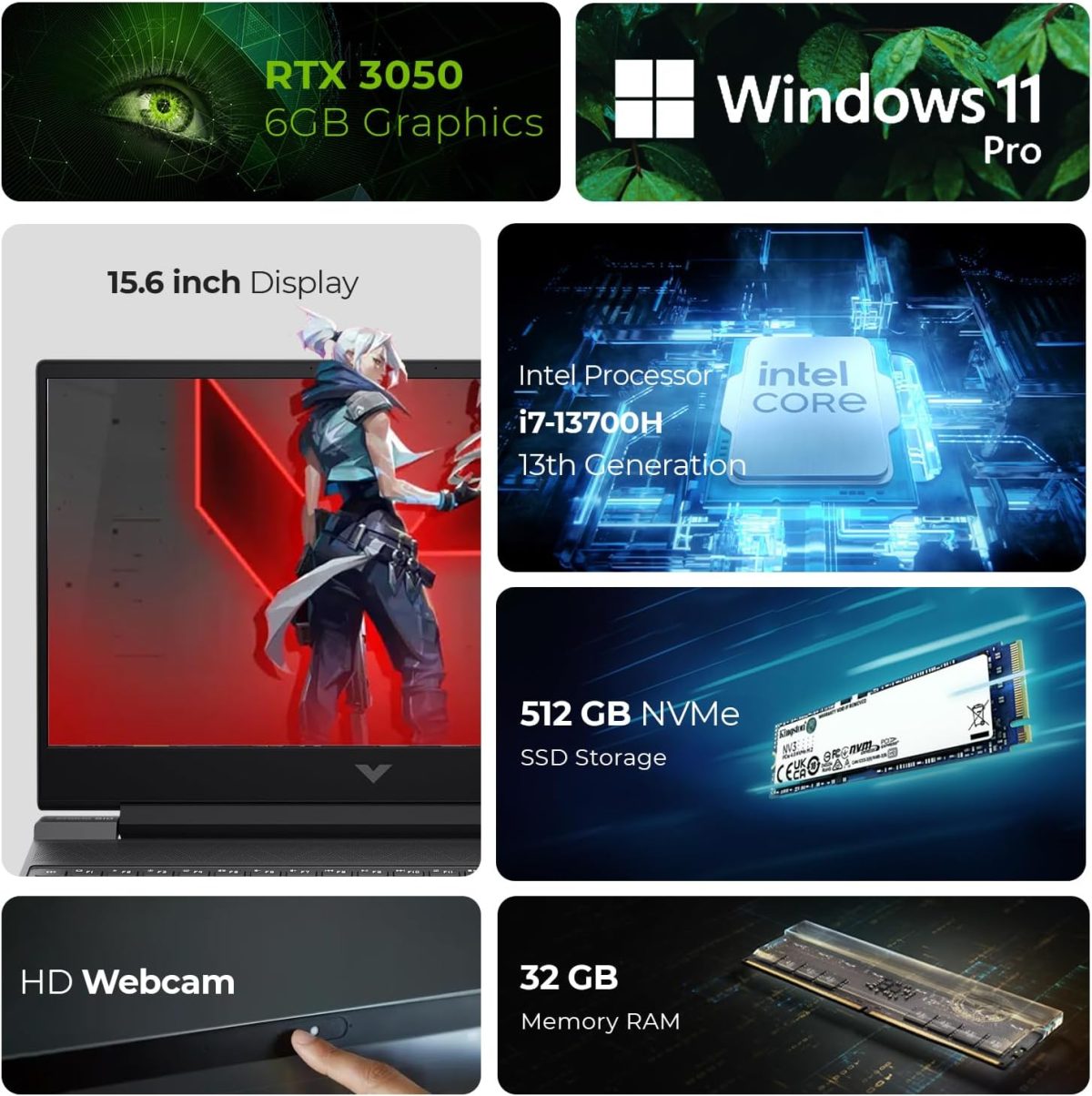 ⁦HP لابتوب العاب فيكتوس بشاشة 15.6 انش ومعالج انتل i7-13700H الجيل 13 وبطاقة رسومات RTX3050 6GB وذاكرة RAM DDR4 32GB وSSD 512GB وويندوز 11 برو (يتضمن وحدة تحكم العاب الموجة الاولى + ماوس + مضاد⁩ - الصورة ⁦3⁩