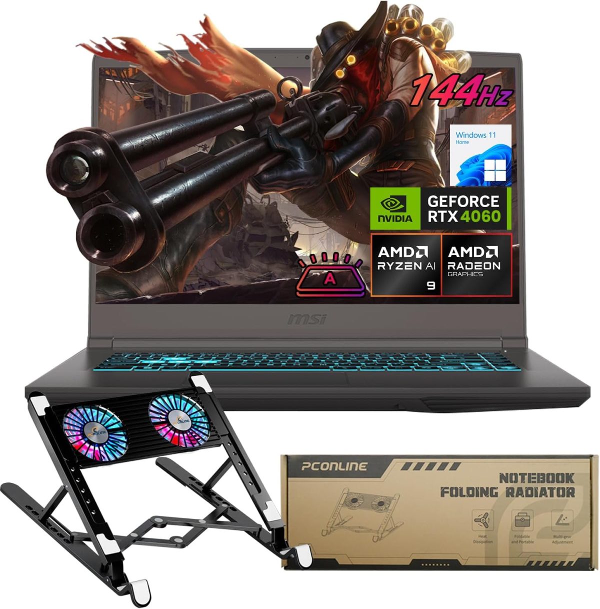 MSI لابتوب العاب A15 B8VF VR-Ready AI رفيع للغاية، 15.6 FHD 144Hz، ايه اي ام دي رايزن 9 8945HS، انفيديا جيفورس RTX 4060، 32GB DDR5 RAM، 1TB SSD، تعزيز التبريد، حزمة مع مبرد PCO نوت بوك قابل للطي، مبرد