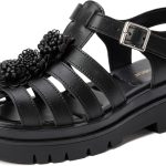 صندل انيق بنعل سميك للنساء من فلانور - حذاء مفتوح من الامام مصنوع من الجلد الطبيعي وحزام للكاحل، حذاء كاجوال خفيف الوزن ومريح للمشي في الهواء الطلق