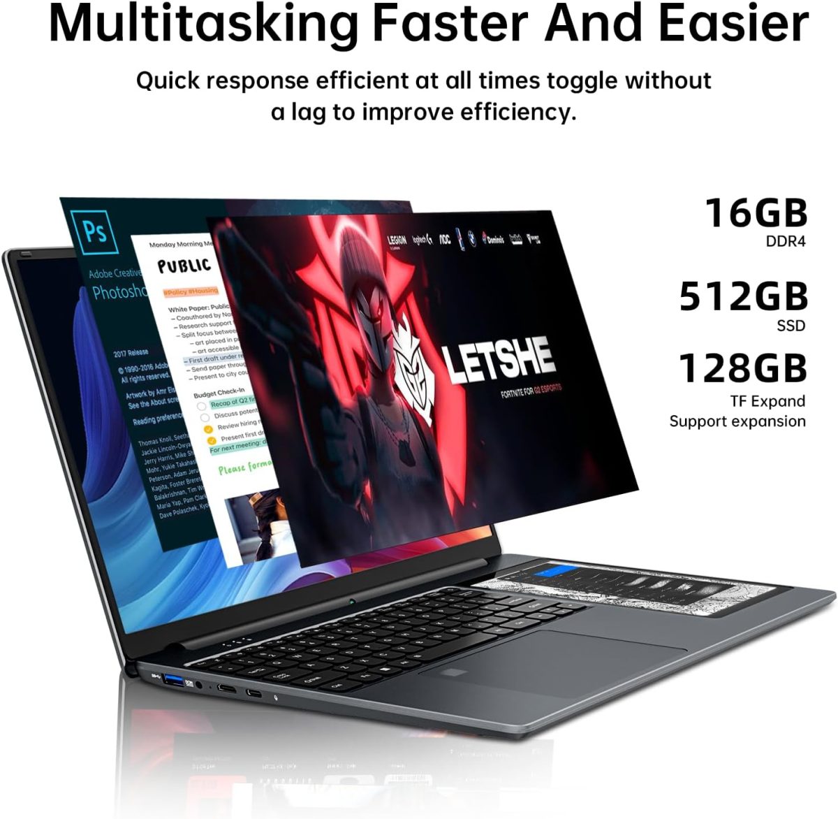⁦ايركسوان لابتوب بشاشة مزدوجة 15.6 انش + شاشة لمس 7 انش وذاكرة RAM 16GB وSSD 512GB ومعالج انتل N100 الجيل 12 (حتى 3.4GHz) وويندوز 11 وكيبورد باضاءة خلفية وبصمة اصبع⁩ - الصورة ⁦4⁩