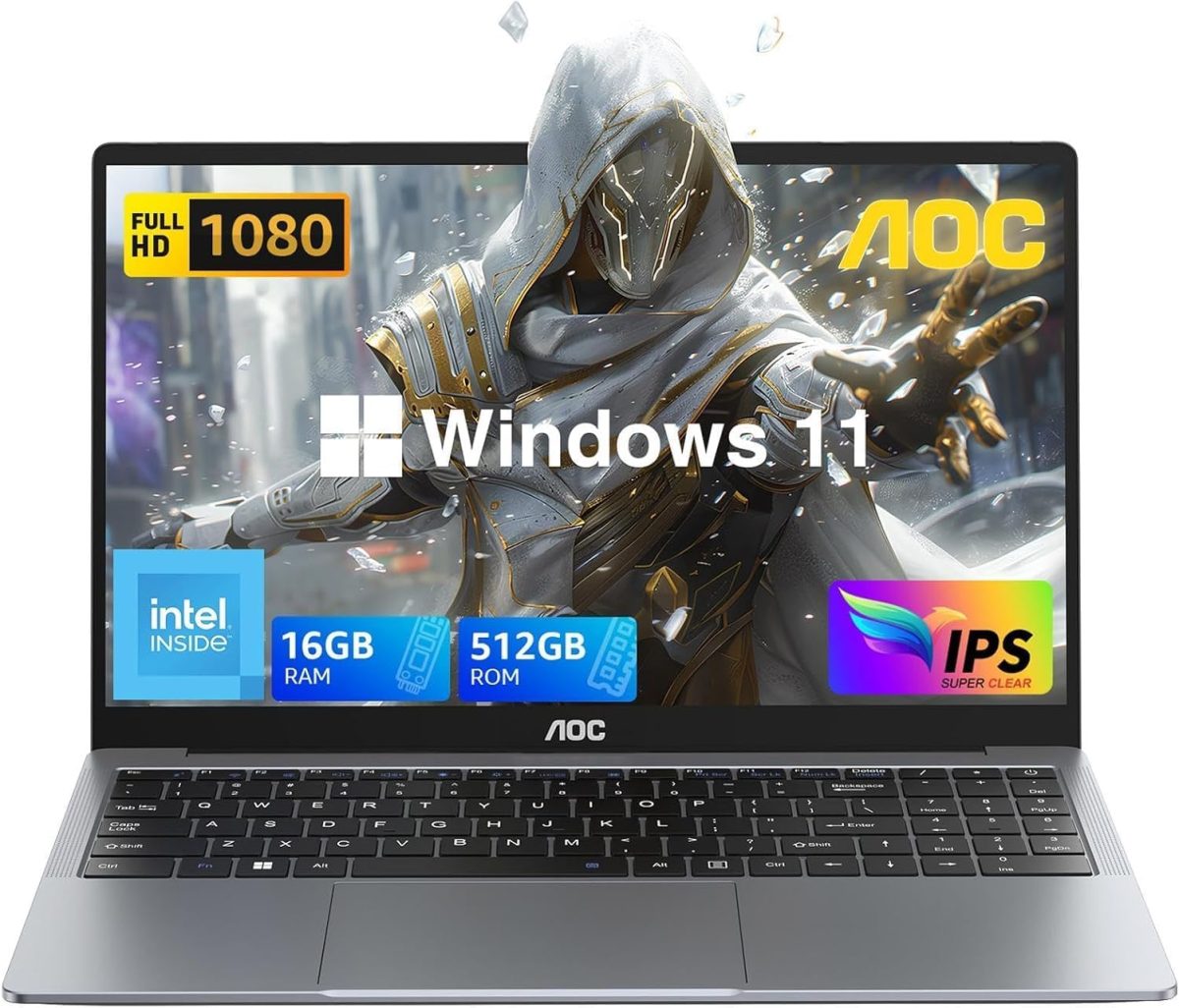 AOC لابتوب 16GB RAM 512GB SSD بشاشة FHD 15.6 انش (حتى 3.6GHz) ويندوز 11، خفيف ورفيع، هيكل معدني، كاميرا ويب، نوع C، USB3.2
