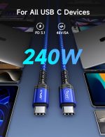 ⁦جي سوكس كيبل USB C 240 واط بطول 3 متر، كيبل USB C الى USB C PD 3.1 5A نوع C للشحن السريع لايفون 16/16 برو ماكس/15/15 برو ماكس، ماك بوك برو اير، ايباد برو اير، ديل XPS، سامسونج جالاكسي S24/S23، ازرق⁩ - الصورة ⁦2⁩