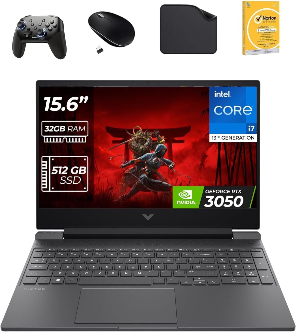 HP لابتوب العاب فيكتوس بشاشة 15.6 انش ومعالج انتل i7-13700H الجيل 13 وبطاقة رسومات RTX3050 6GB وذاكرة RAM DDR4 32GB وSSD 512GB وويندوز 11 برو (يتضمن وحدة تحكم العاب الموجة الاولى + ماوس + مضاد