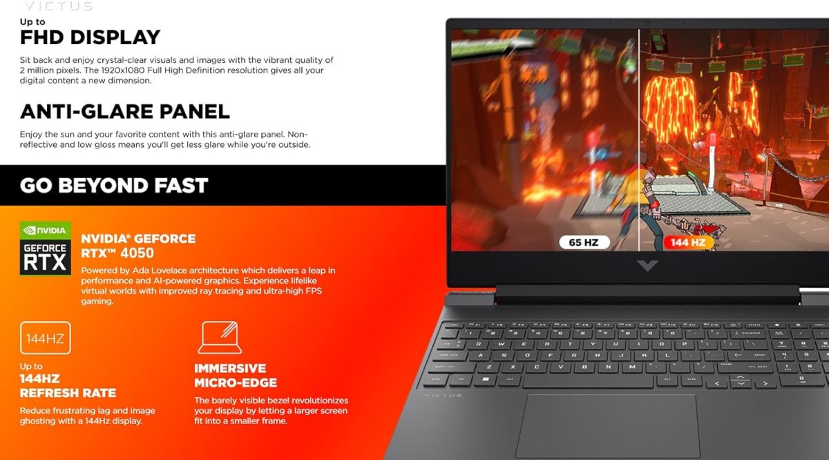 ⁦HP لابتوب العاب فيكتوس 15.6 انش FHD IPS 144Hz، AMD رايزن 5-8645HS، انفيديا جيفورس RTX 4050، واي فاي 6، كيبورد باضاءة خلفية، ويندوز 11 هوم، مع قاعدة ماوس (16GB RAM و1TB PCIe SSD)⁩ - الصورة ⁦4⁩