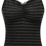 بلوزة نسائية مخططة برقبة على شكل حرف V من الدانتيل مكشكشة بدون اكمام من جورجليتر