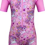 بدلة سباحة للبنات من ادويا، بدلة سباحة من قطعة واحدة بتصميم يونيكورن وسحاب للحماية من الطفح الجلدي وركوب الامواج والشاطئ والحماية من الاشعة فوق البنفسجية