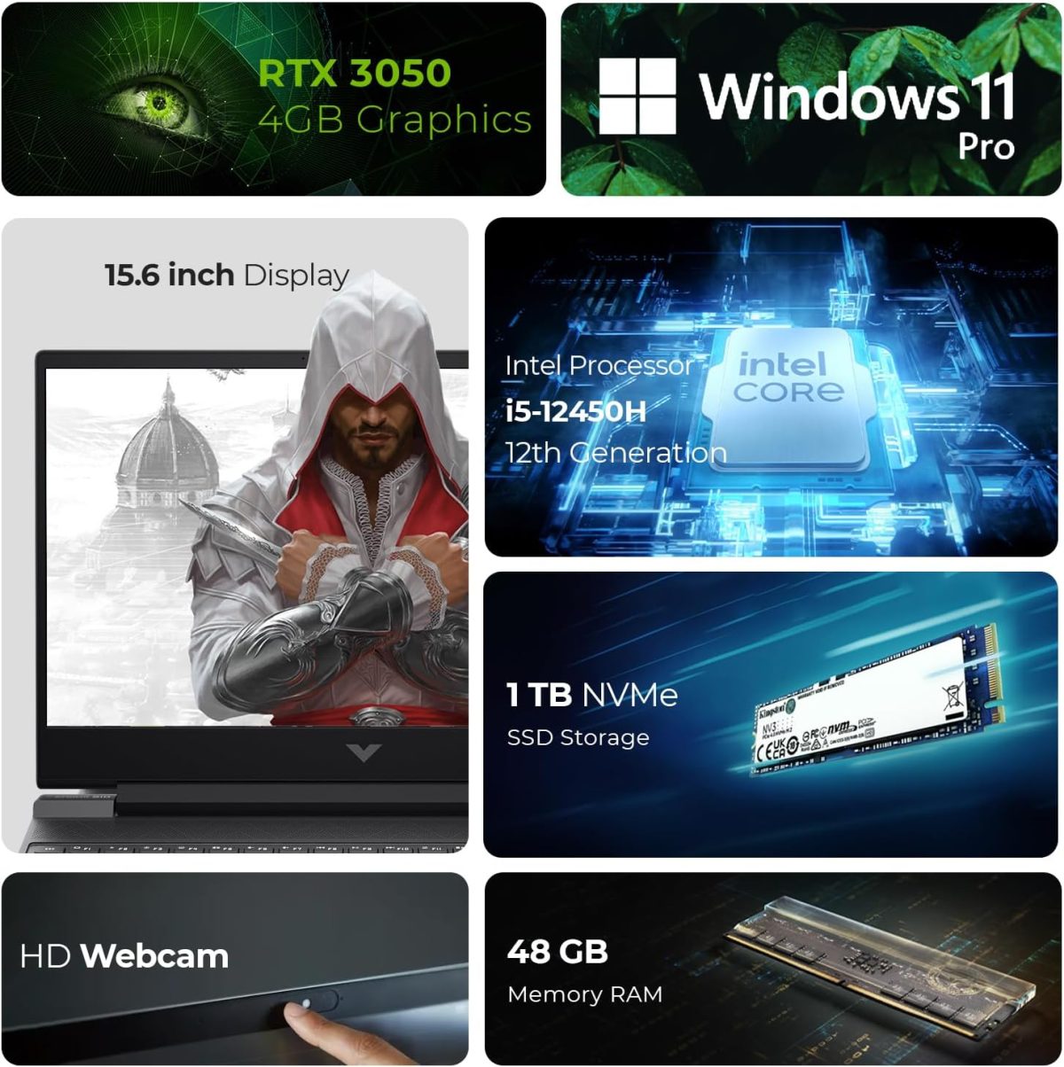 ⁦HP لابتوب العاب فيكتوس 15.6 انش بمعالج انتل i5-12450H الجيل 12 وبطاقة رسومات RTX3050 4GB وذاكرة RAM DDR4 48GB وSSD 1TB وويندوز 11 برو (يتضمن وحدة تحكم العاب الموجة الاولى + ماوس + مضاد للفيروسات +⁩ - الصورة ⁦3⁩