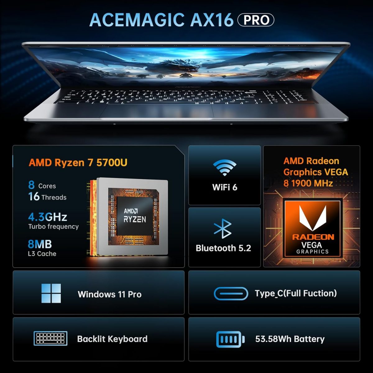 ⁦لابتوب ايس ماجيك 2025 بمعالج AMD رايزن 7 5700U (8C/16T حتى 4.3GHz) وRAM 16GB وSSD NVMe 512GB وويندوز 11 وبطاقة عرض مرئي راديون RX فيجا 8 وشاشة 16 انش وواي فاي 6 وكيبورد باضاءة خلفية⁩ - الصورة ⁦2⁩