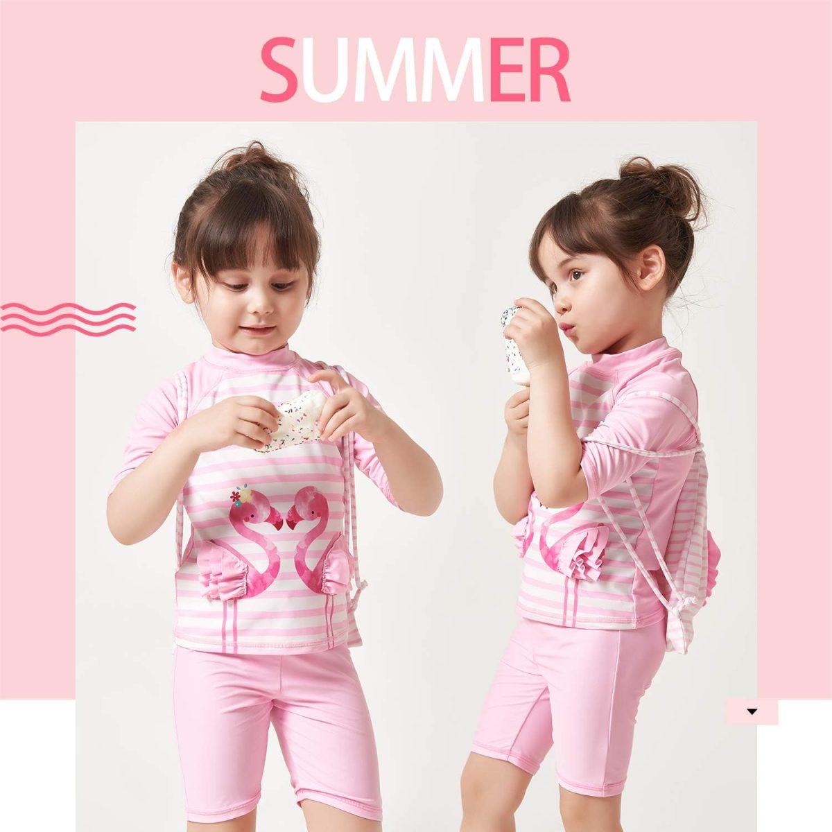 ⁦Julysand Toddler Girls Rash Guard Sets 3D Flamingo Swimsuit Pink Striped Two Piece Modest Swimwear Sun Protection Suit⁩ - الصورة ⁦2⁩