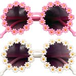 نظارات شمسية للاطفال من بونامي، هدية للبنات: عبوتان من نظارات زهرة الاقحوان الملونة - مجموعة نظارات شمسية للاطفال، تصميم اقحوان لطيف، للحفلات والسفر واللعب، مطلية يدويا، حماية للعين ابيض وزهري