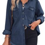 زيلكريمو قميص جينز للنساء بياقة شامبراي واكمام طويلة وجيب وازرار سفلية