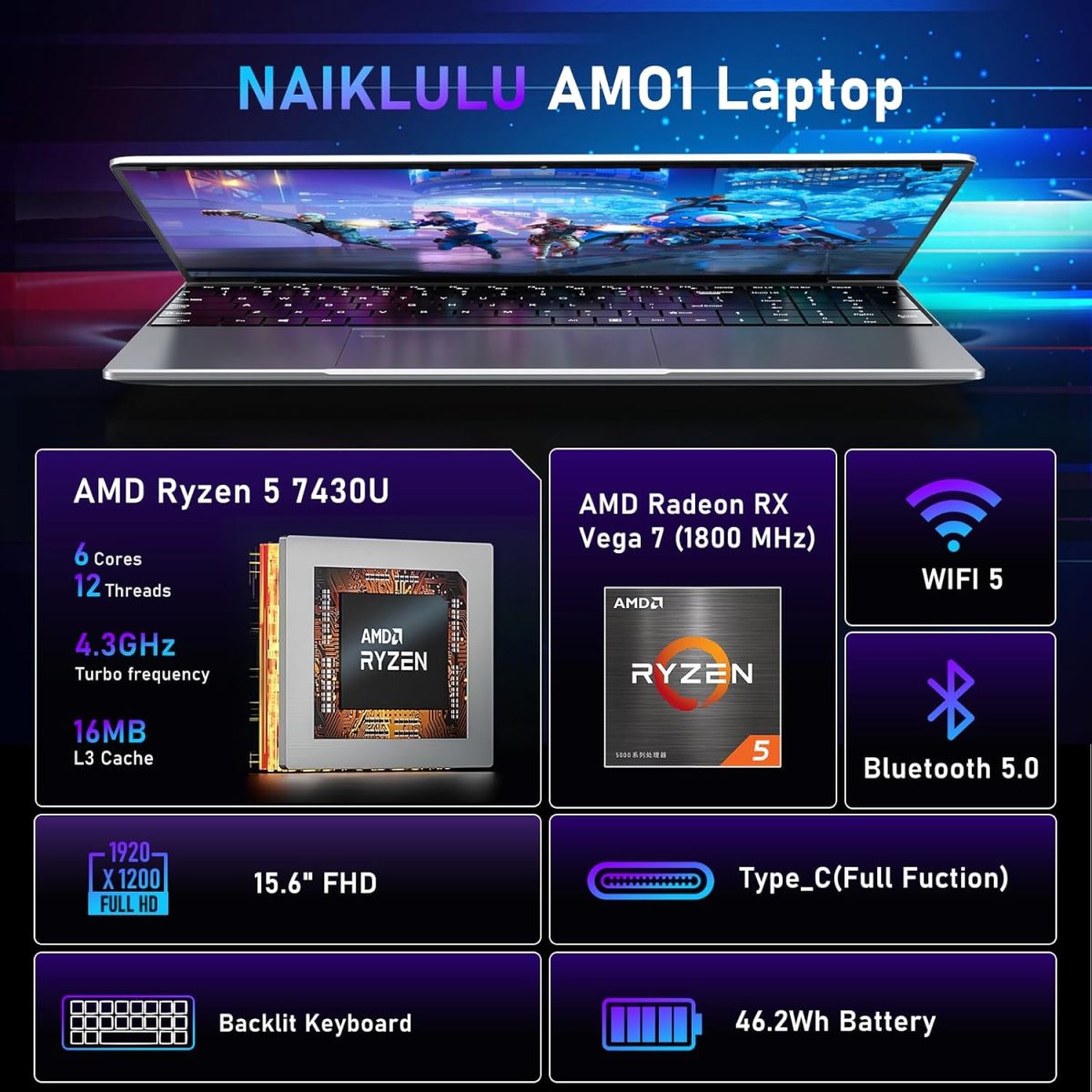 ⁦لابتوب العاب 15.6 انش من نايكلولو، ذاكرة RAM 32GB وSSD 1TB، معالج AMD رايزن 5 7430U 6C/12T (حتى 4.3Ghz)، بطاقة رسومات AMD راديون، شاشة 15.6 انش FHD 1920×1080، واي فاي 5، بلوتوث 5.0، كيبورد باضاءة⁩ - الصورة ⁦2⁩
