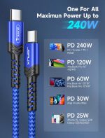 ⁦جي سوكس كيبل USB C 240 واط بطول 3 متر، كيبل USB C الى USB C PD 3.1 5A نوع C للشحن السريع لايفون 16/16 برو ماكس/15/15 برو ماكس، ماك بوك برو اير، ايباد برو اير، ديل XPS، سامسونج جالاكسي S24/S23، ازرق⁩ - الصورة ⁦4⁩