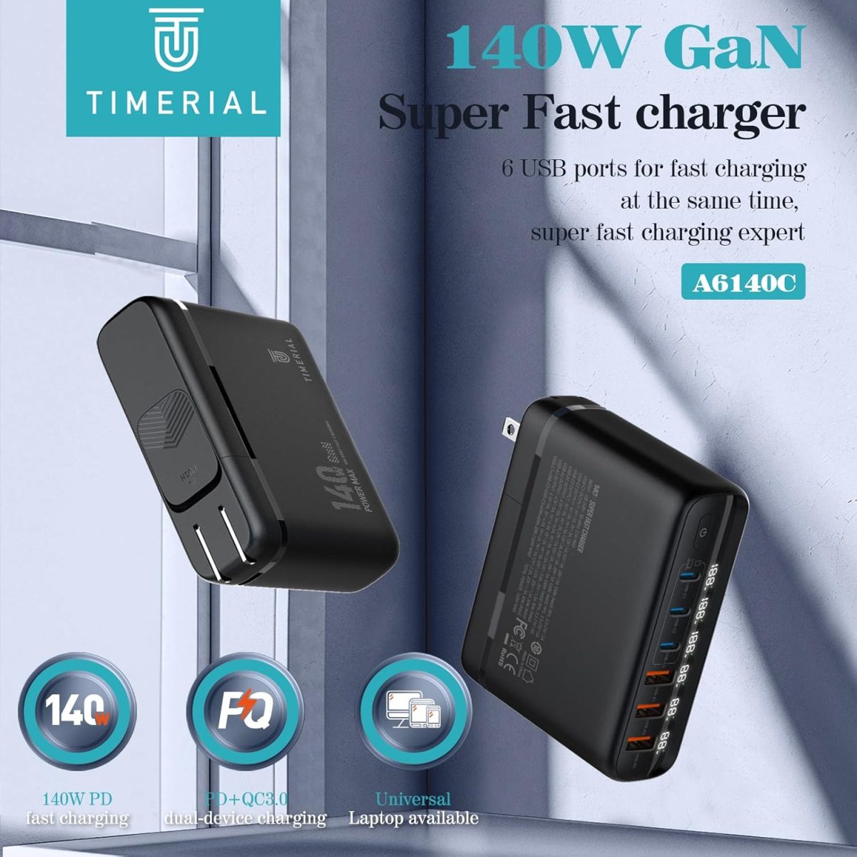 ⁦تايمريال محطة شحن سريع للسفر 140 واط جان 3 نوع C و3 USB، قابس قابل للفصل للسفر الدولي الولايات المتحدة/المملكة المتحدة/الاتحاد الأوروبي، شحن للابتوب والتابلت والهاتف الذكي، شاشة LED، كابل تمديد 1.5⁩ - الصورة ⁦6⁩