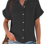 قميص كاجوال من القطن والكتان باكمام قصيرة وازرار امامية وقبة V للنساء من لينججيازي، بلايز سادة