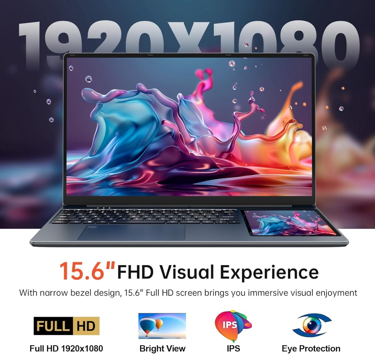⁦ايركسوان لابتوب بشاشة مزدوجة 15.6 انش + شاشة لمس 7 انش وذاكرة RAM 16GB وSSD 512GB ومعالج انتل N100 الجيل 12 (حتى 3.4GHz) وويندوز 11 وكيبورد باضاءة خلفية وبصمة اصبع⁩ - الصورة ⁦5⁩