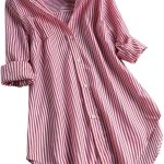 بلوزة نسائية برقبة على شكل حرف V واكمام طويلة بازرار عصرية صيفية وقبة مطوية لاسفل مخططة مطبوعة بلون واحد