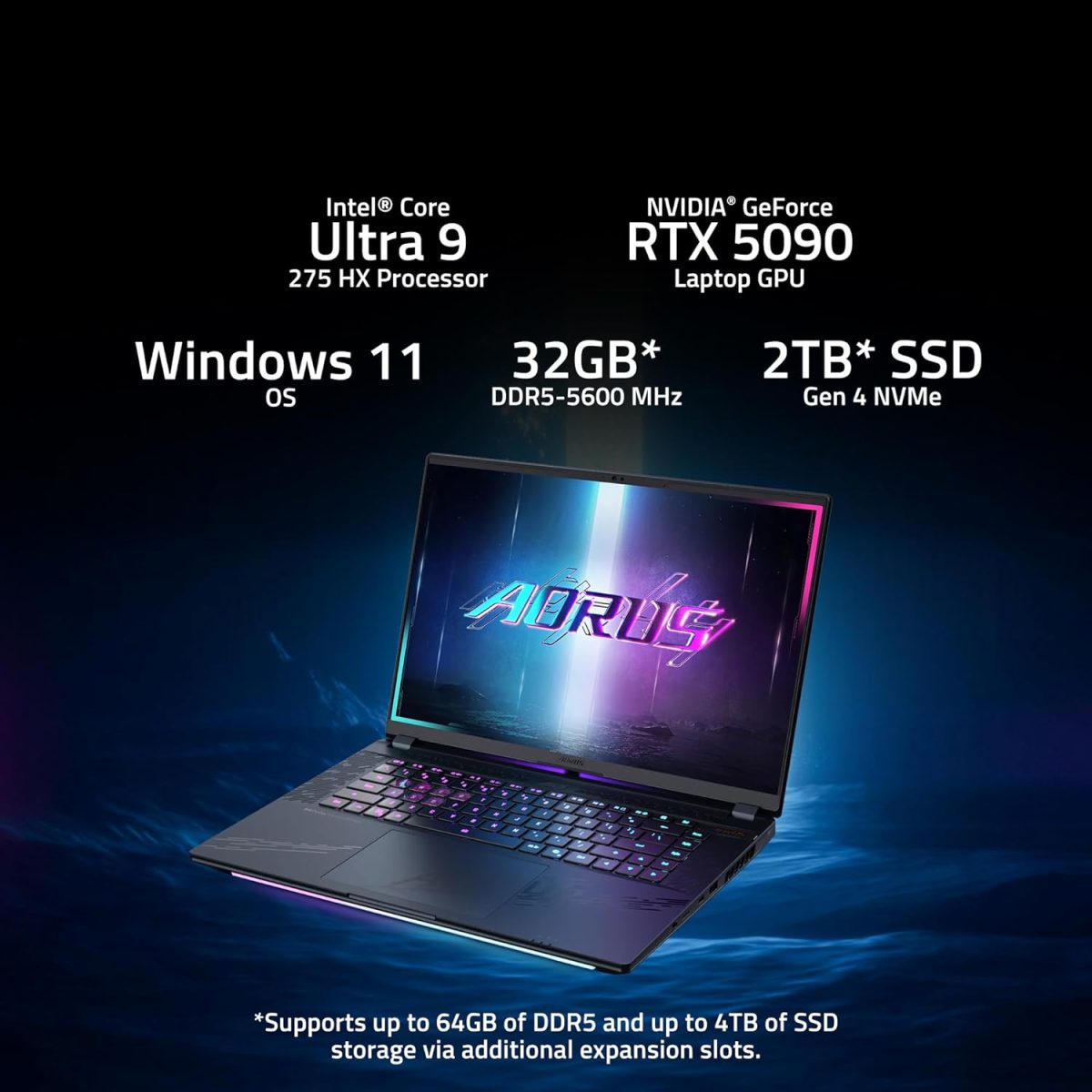 ⁦جيجابايت لابتوب اوروس ماستر 16 للالعاب - 240Hz 2560x1600 OLED - انفيديا جيفورس RTX 5090 - انتل كور الترا 9 275HX - 2TB SSD مع 32GB DDR5 RAM - ويندوز 11 هوم AD (اوروس ماستر 16 BZH-C6USE65SH)⁩ - الصورة ⁦3⁩