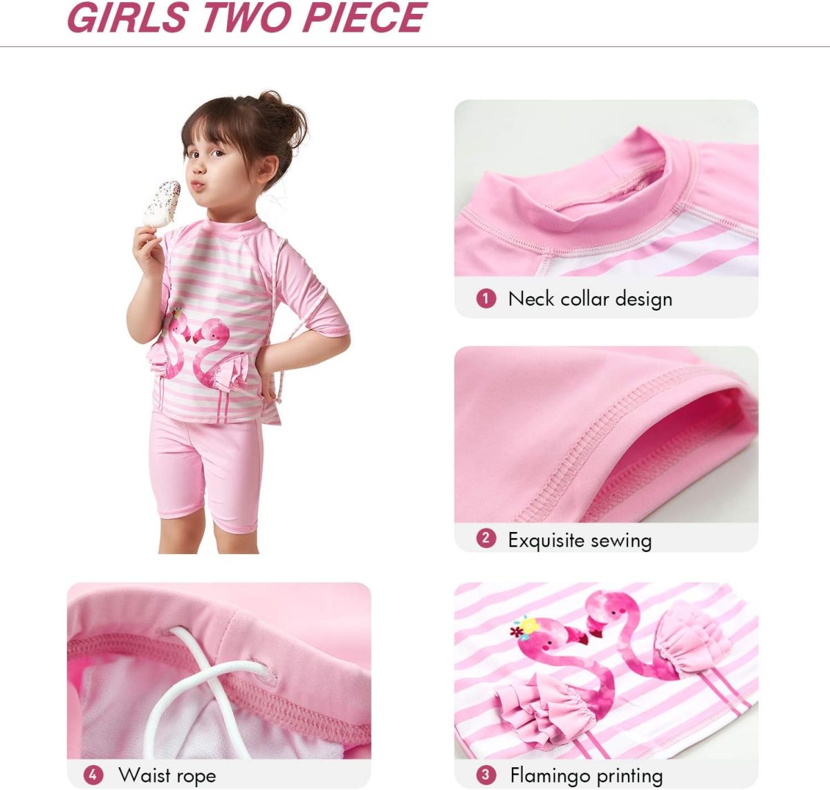 Julysand Toddler Girls Rash Guard Sets 3D Flamingo Swimsuit Pink Striped Two Piece Modest Swimwear Sun Protection Suit
