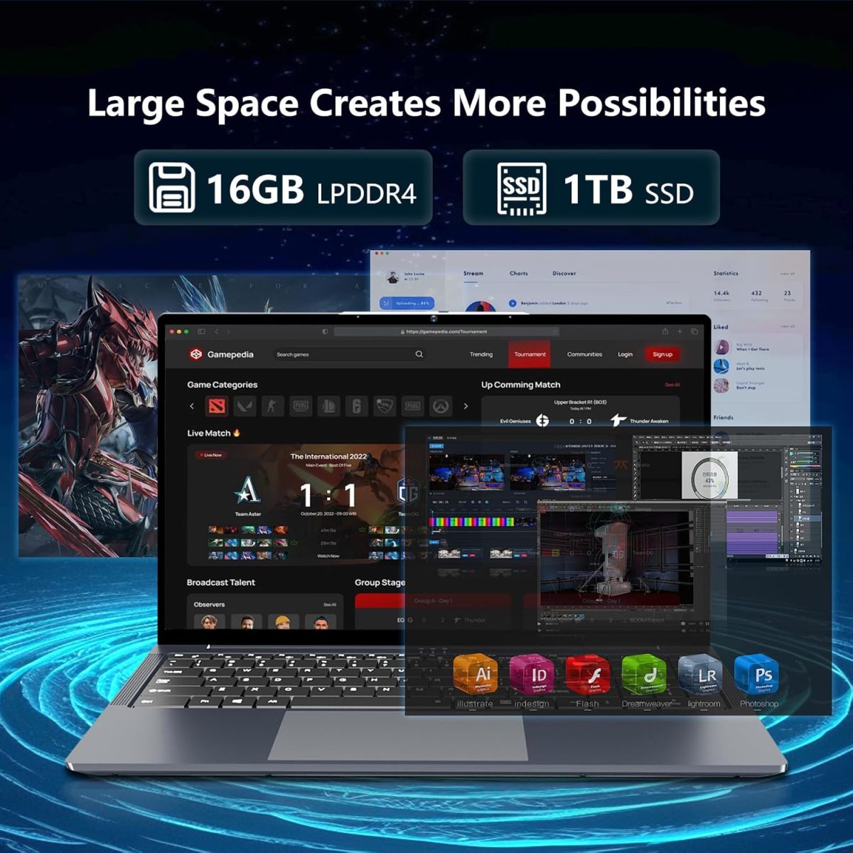 ⁦لابتوب العاب 16 انش i5 حتى 3.60GHZ، شاشة HD 1920×1200، 16GB RAM 1TB SSD، واي فاي 5، كاميرا ويب، BT5.0، منفذ HDMI صغير، ار جيه 45، كيبورد باضاءة خلفية، كمبيوتر العاب⁩ - الصورة ⁦3⁩