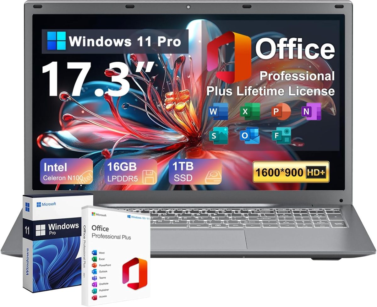 لابتوب 2025 17 17.3 انش HD+ للطلاب والاعمال، 16GB DDR5 RAM، 1TB SSD، انتل رباعي النواة N100 (يتفوق على i3-1115G4، حتى 3.4GHz)، كيبورد باضاءة خلفية، بصمة اصبع، نوع C، مايكروسوفت اوفيس، ويندوز 11 برو