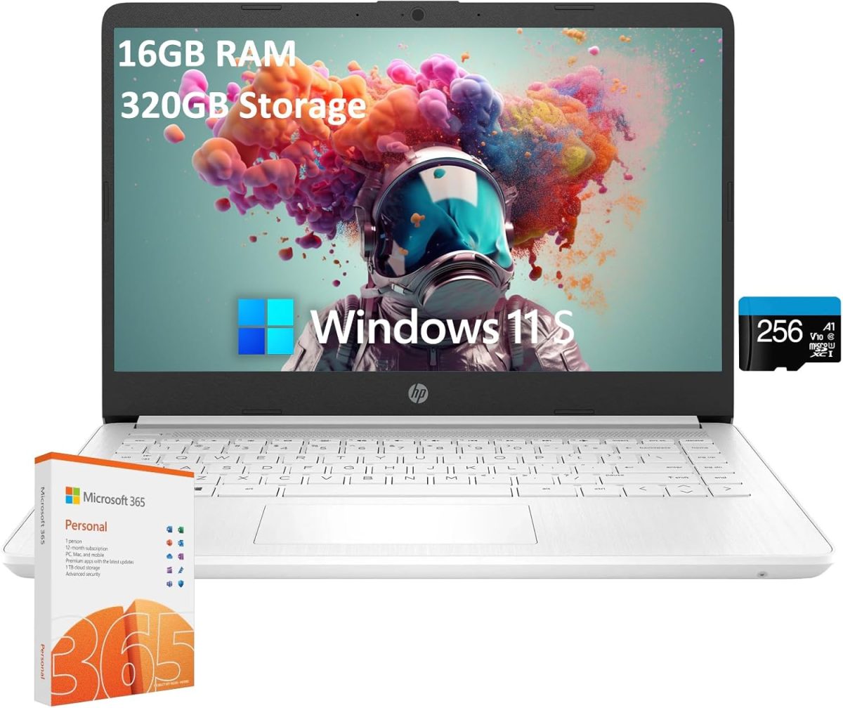 HP لابتوب اعمال 2025 للطلاب بشاشة HD 14 انش ومعالج انتل سيليرون رباعي النواة وRAM 16GB وذاكرة تخزين 320GB (بطاقة ذاكرة اي ام ام سي 64GB + بطاقة SD 256GB) واوفيس 365 لمدة عام وبطاقة رسومات انتل UHD