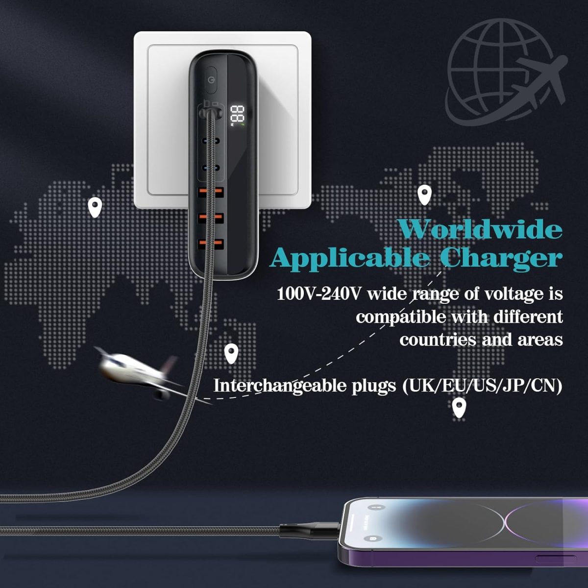 ⁦تايمريال محطة شحن سريع للسفر 140 واط جان 3 نوع C و3 USB، قابس قابل للفصل للسفر الدولي الولايات المتحدة/المملكة المتحدة/الاتحاد الأوروبي، شحن للابتوب والتابلت والهاتف الذكي، شاشة LED، كابل تمديد 1.5⁩ - الصورة ⁦4⁩