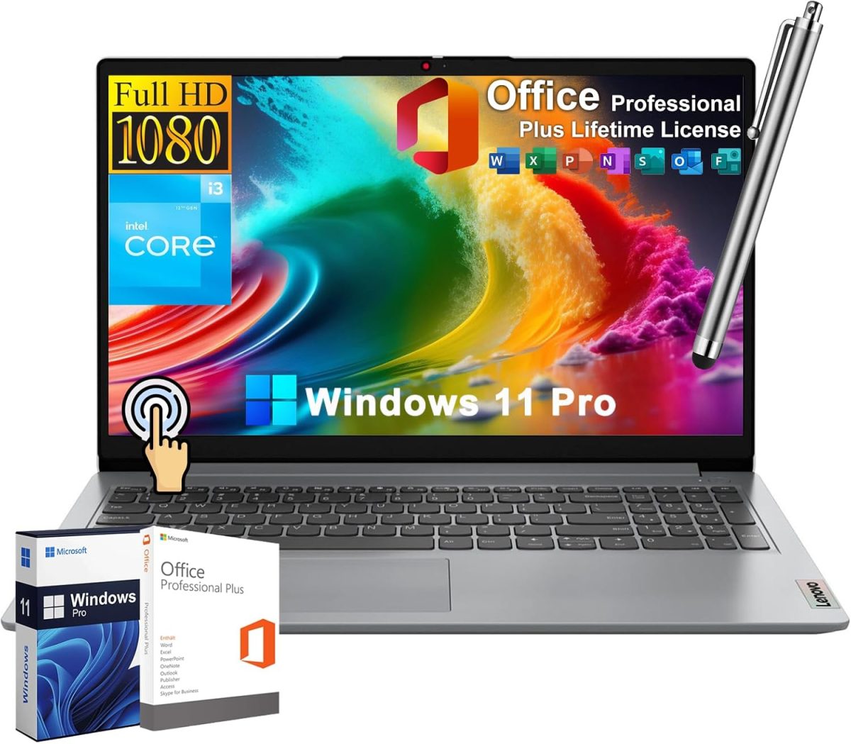 لينوفو لابتوب ايديا باد بشاشة لمس FHD 15.6 انش للاعمال والطلاب، انتل i3 سداسي النواة الجيل 12، ذاكرة RAM 24GB وSSD 1TB، ترخيص مكتب مدى الحياة، ويندوز 11 برو، قارئ بطاقة SD، واي فاي 6، مع قلم ستايلس