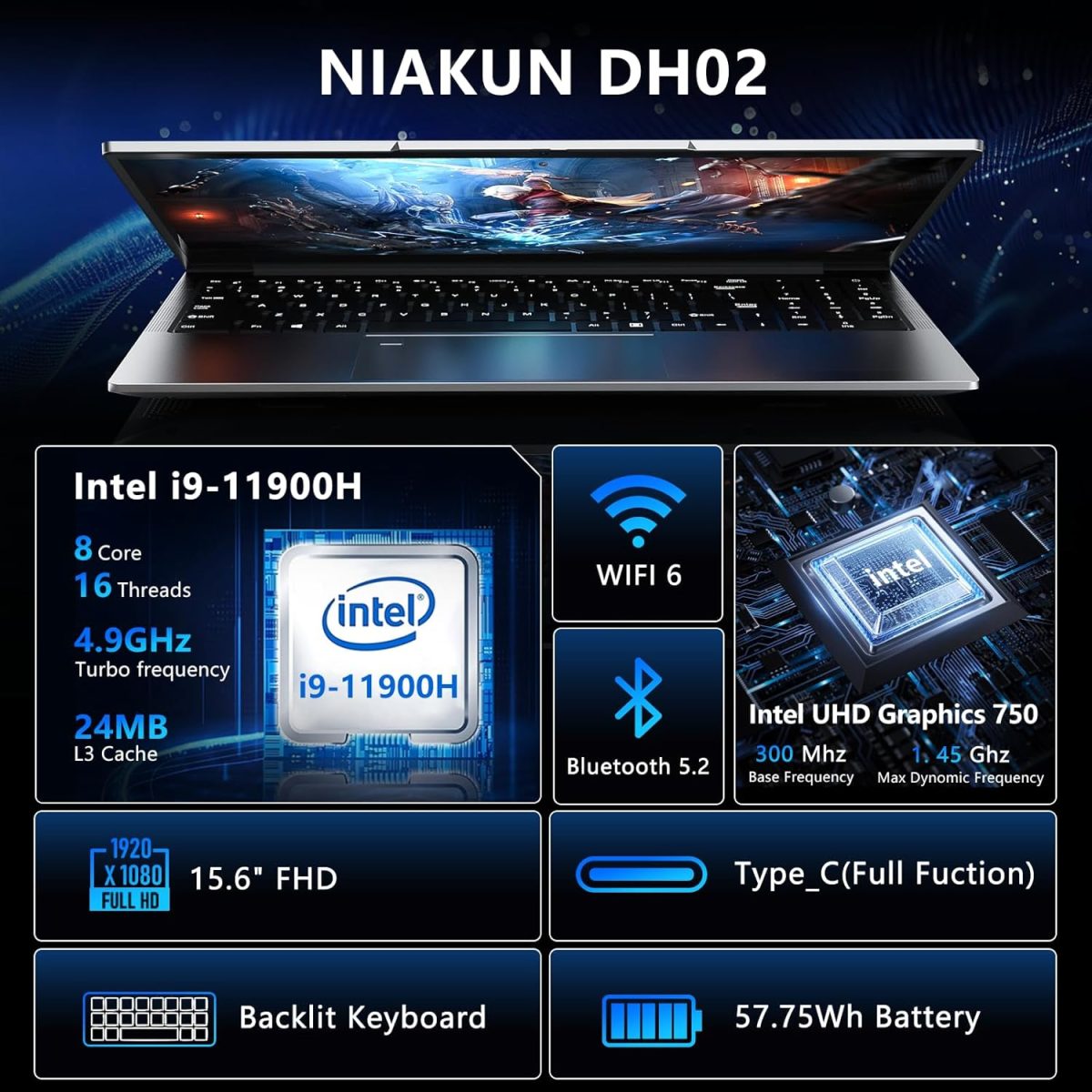 ⁦لابتوب العاب 15.6 انش 16GB RAM 1TB SSD من نياكون، معالج i9-11900H 8C/16T (حتى 4.9Ghz)، رسومات UHD، شاشة 15.6 انش FHD 1920×1080، واي فاي 6، بلوتوث 5.2، كيبورد باضاءة خلفية⁩ - الصورة ⁦2⁩