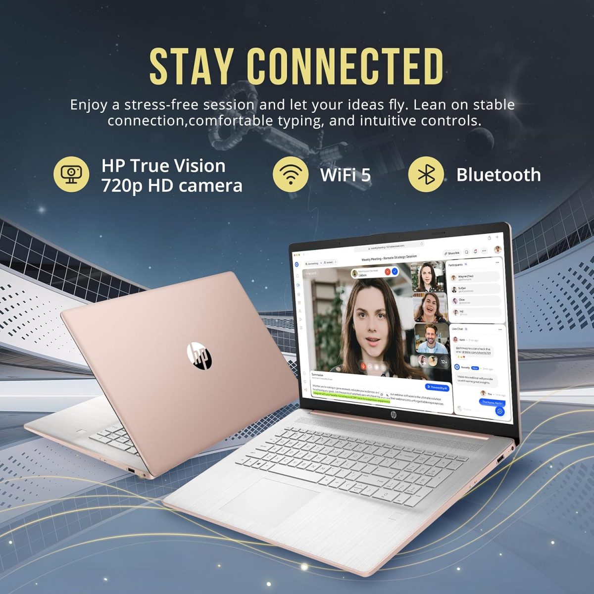 ⁦HP 17.3" HD+ BrightView Laptop, Intel Celeron N4120, 8GB RAM, 416GB Storage (256GB SSD + 160GB Docking Station Set), Intel UHD Graphics, Full-Size Keyboard, Webcam, Wi-Fi, Windows 11 Home, Rose Gold⁩ - الصورة ⁦5⁩