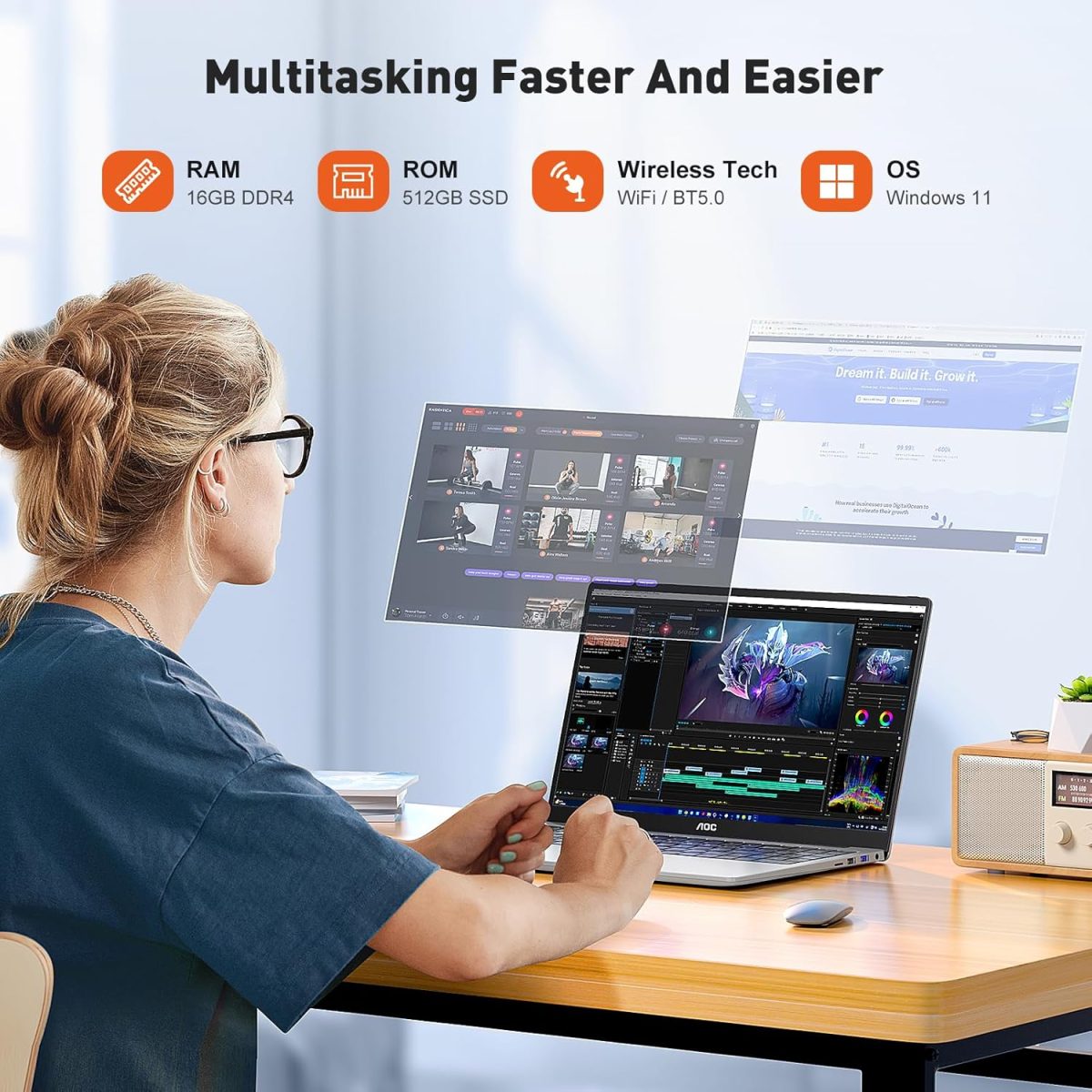 ⁦AOC لابتوب 16GB RAM 512GB SSD بشاشة FHD 15.6 انش (حتى 3.6GHz) ويندوز 11، خفيف ورفيع، هيكل معدني، كاميرا ويب، نوع C، USB3.2⁩ - الصورة ⁦3⁩