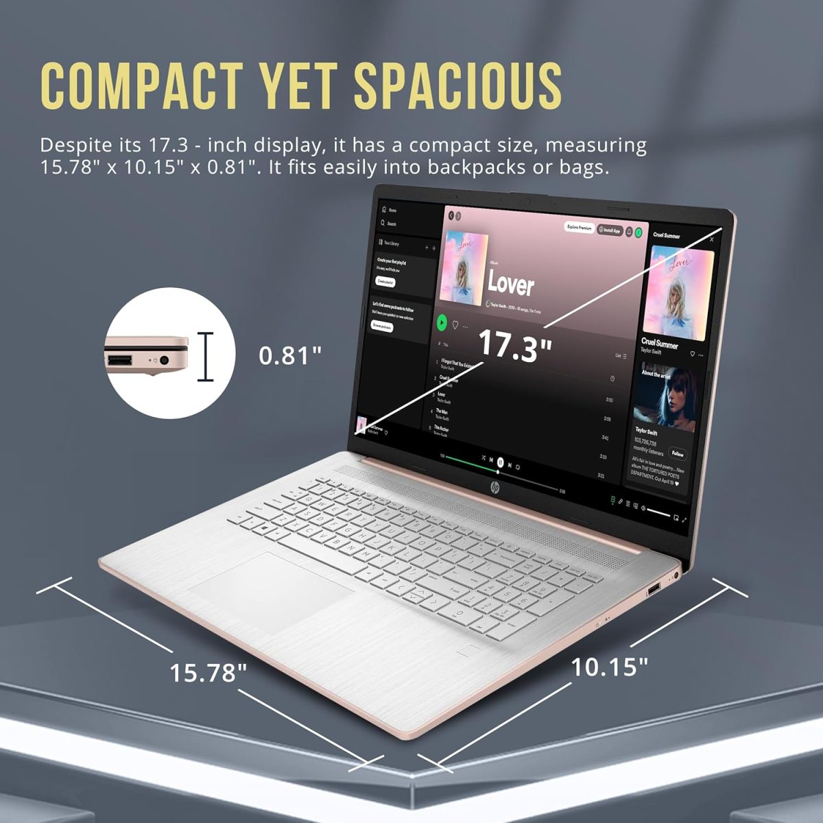 ⁦HP 17.3" HD+ BrightView Laptop, Intel Celeron N4120, 8GB RAM, 416GB Storage (256GB SSD + 160GB Docking Station Set), Intel UHD Graphics, Full-Size Keyboard, Webcam, Wi-Fi, Windows 11 Home, Rose Gold⁩ - الصورة ⁦8⁩