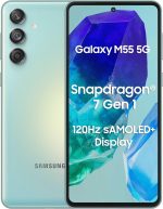 سامسونج جوال جالكسي M55 5G (اخضر فاتح، 256 جيجابايت) (ذاكرة رام 8 جيجابايت) شاشة سوبر اموليد بلس 120 هرتز كاميرا 50 ميجابكسل ثنائي شرائح الاتصال 5000mAh 45 واط شحن فائق السرعة سناب دراجون® الجيل