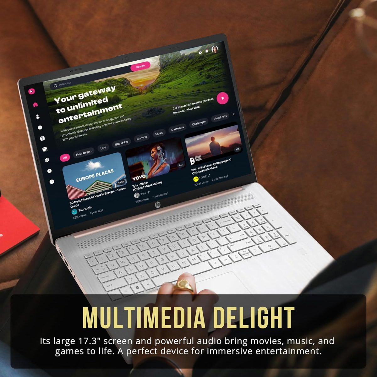 ⁦HP 17.3" HD+ BrightView Laptop, Intel Celeron N4120, 8GB RAM, 416GB Storage (256GB SSD + 160GB Docking Station Set), Intel UHD Graphics, Full-Size Keyboard, Webcam, Wi-Fi, Windows 11 Home, Rose Gold⁩ - الصورة ⁦6⁩