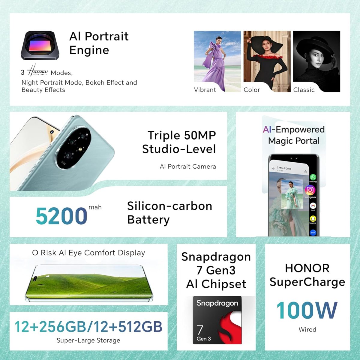 ⁦اونر 200 شبكة الجيل الخامس 5G RAM 12GB + 256GB ثنائي شرائح الاتصال - اخضر زمردي - اصدار الشرق الاوسط⁩ - الصورة ⁦3⁩
