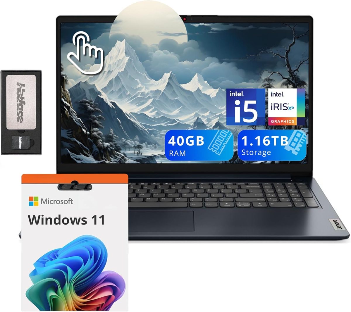 لينوفو لابتوب ايديا باد 1i بشاشة لمس FHD 15.6 انش ومعالج انتل i5-1235U وذاكرة RAM 40GB وتخزين 1.16TB (SSD 1TB + قاعدة شحن 160GB) وبطاقة رسومات انتل ايريس Xe ولوحة ارقام وصوت دولبي وواي فاي 6 وويندوز