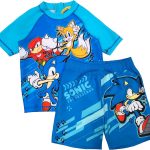 سونيك القنفذ, طقم سباحة للاولاد مكون من قطعتين، قميص باكمام قصيرة وشورت، ازرق، لعمر 2-12 سنة