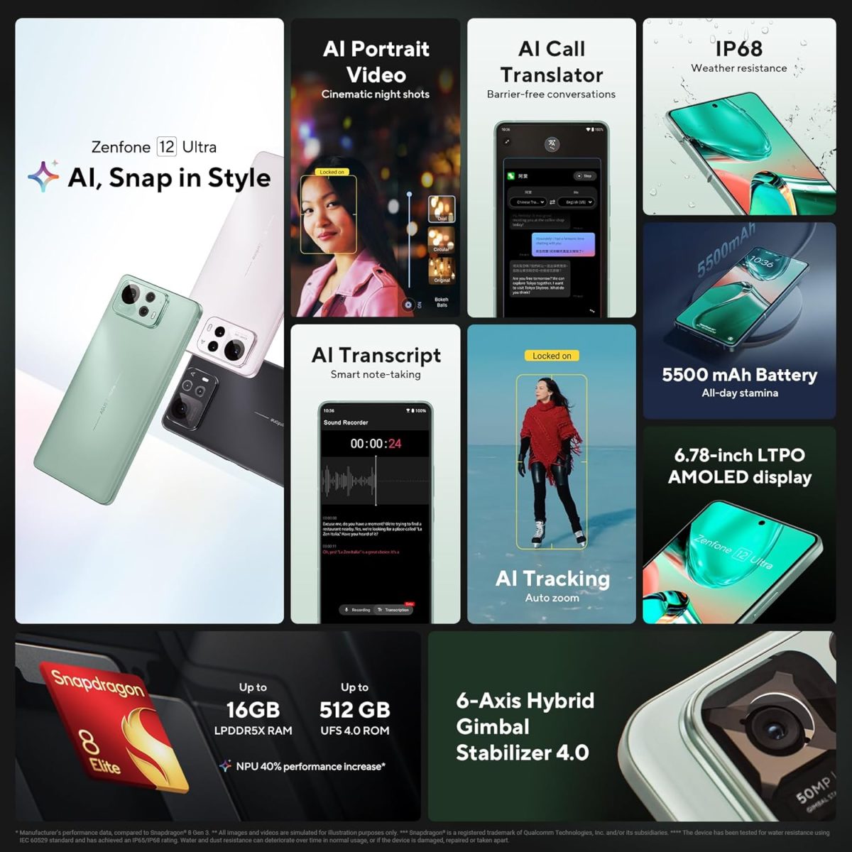 ⁦اسس هاتف ذكي زينفون 12 الترا ثنائي شرائح الاتصال بذاكرة روم 512GB وذاكرة RAM 16GB (جي اس ام فقط | بدون سي دي ام ايه) هاتف ذكي 5G مفتوح من المصنع (اخضر داكن) - اصدار عالمي⁩ - الصورة ⁦4⁩