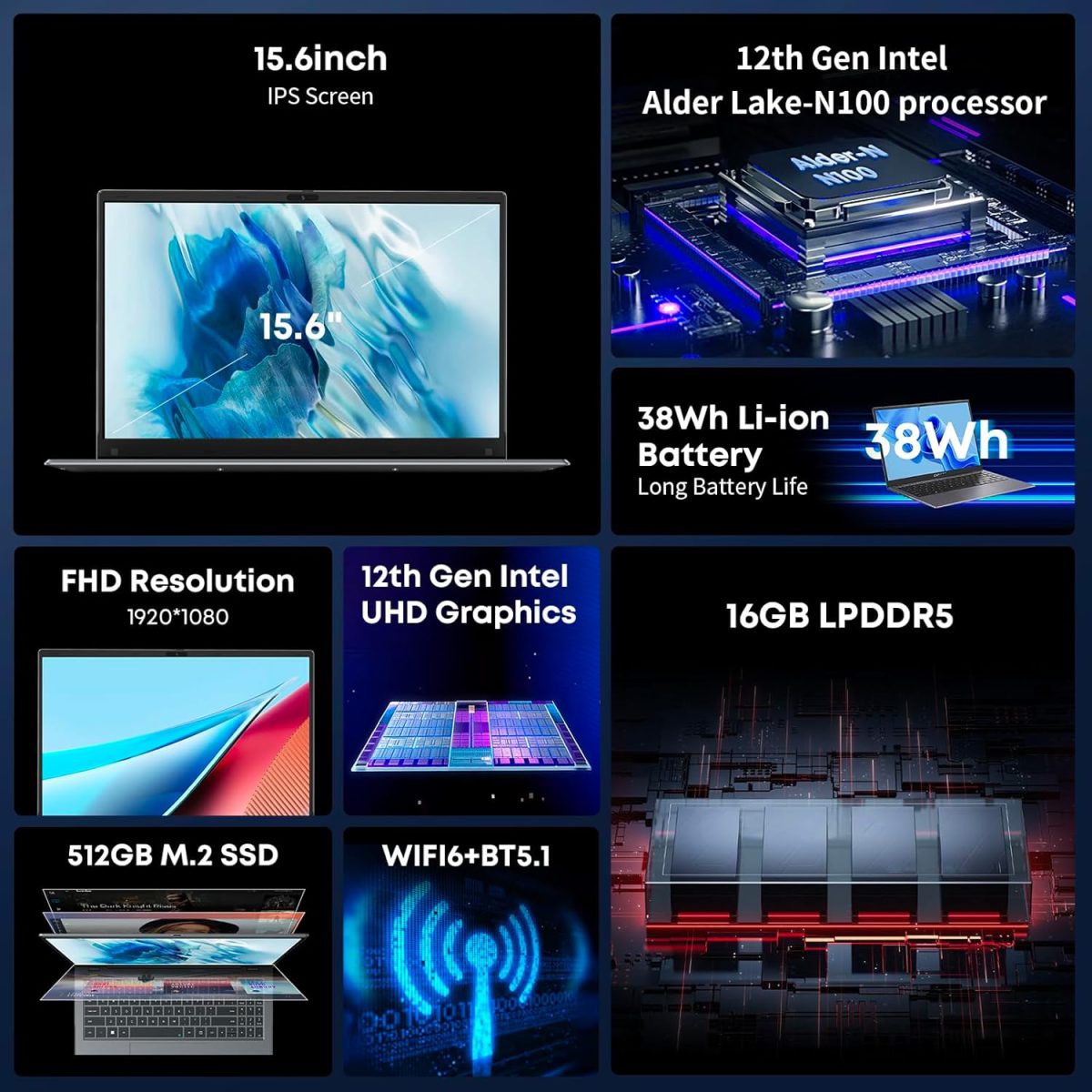 ⁦تشو وي لابتوب جيمي بوك بلس 15.6 انش، 512GB SSD 16GB LPDDR5، انتل N100 (حتى 3.4GHz، TDP 15W)، ويندوز 11، 1TB SSD اكسبند، IPS FHD 1920×1080، HDMI، واي فاي 6، بلوتوث 5.2، USB 3.0، كاميرا ويب⁩ - الصورة ⁦3⁩