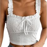 توب كات مكشكش برقبة مربعة وربطة امامية للنساء من جورجليتر، بلوزة بوهو قصيرة بتطريز ضيق