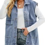 زونت روليدي سترة جينز للنساء كبيرة الحجم بدون اكمام بازرار سفلية من الدنيم