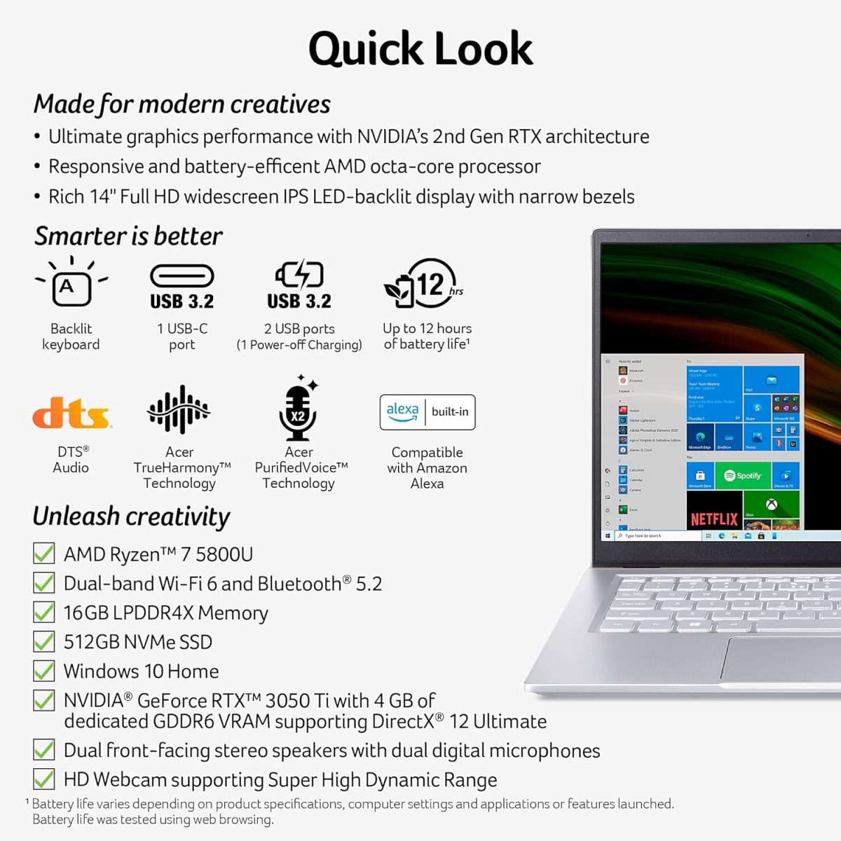 ⁦ايسر لابتوب سويفت اكس SFX14-41G-R1S6 كريتور بشاشة 14 انش FHD 100% sRGB ومعالج AMD رايزن 7 5800U وبطاقة رسومات انفيديا RTX 3050Ti وLPDDR4X 16GB وSSD 512GB وواي فاي 6 وكيبورد باضاءة خلفية وامازون اليكسا⁩ - الصورة ⁦6⁩