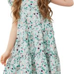 جورليا فستان متوسط الطول للبنات مطبوع عليه زهور واكمام مكشكشة وقصة فضفاضة بطبقات مقاس 4-14T