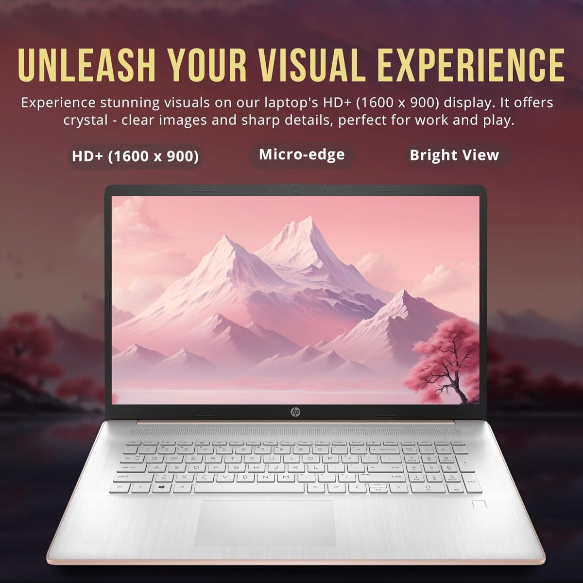 ⁦HP 17.3" HD+ BrightView Laptop, Intel Celeron N4120, 8GB RAM, 416GB Storage (256GB SSD + 160GB Docking Station Set), Intel UHD Graphics, Full-Size Keyboard, Webcam, Wi-Fi, Windows 11 Home, Rose Gold⁩ - الصورة ⁦4⁩
